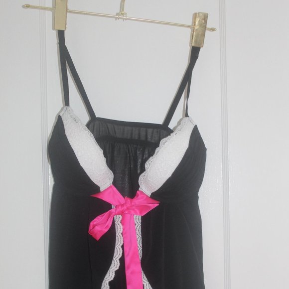 Baby Doll Black Lingerie with Whit Lace, Padded Bra, Pink Ribbon - Picture 1 of 5